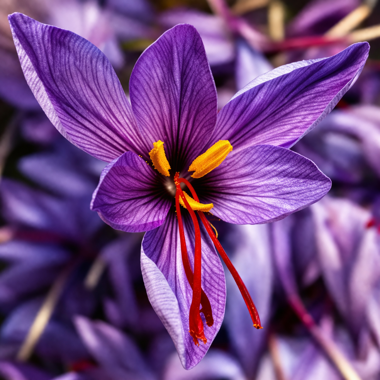 Close-up of a vibrant purple saffron crocus flower with bright red stigmas and golden stamens, the source of premium saffron spice.