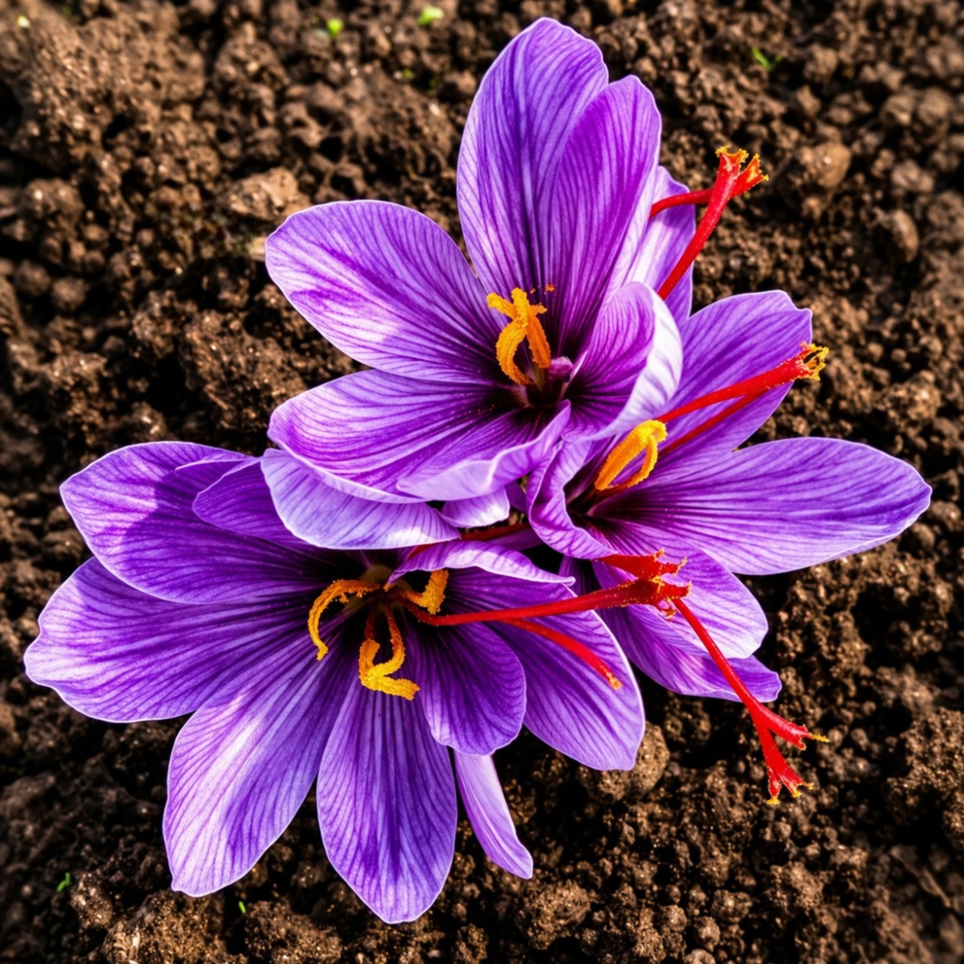 Cluster of saffron crocus flowers in bloom with vivid red threads, demonstrating high-yield saffron production from quality bulbs