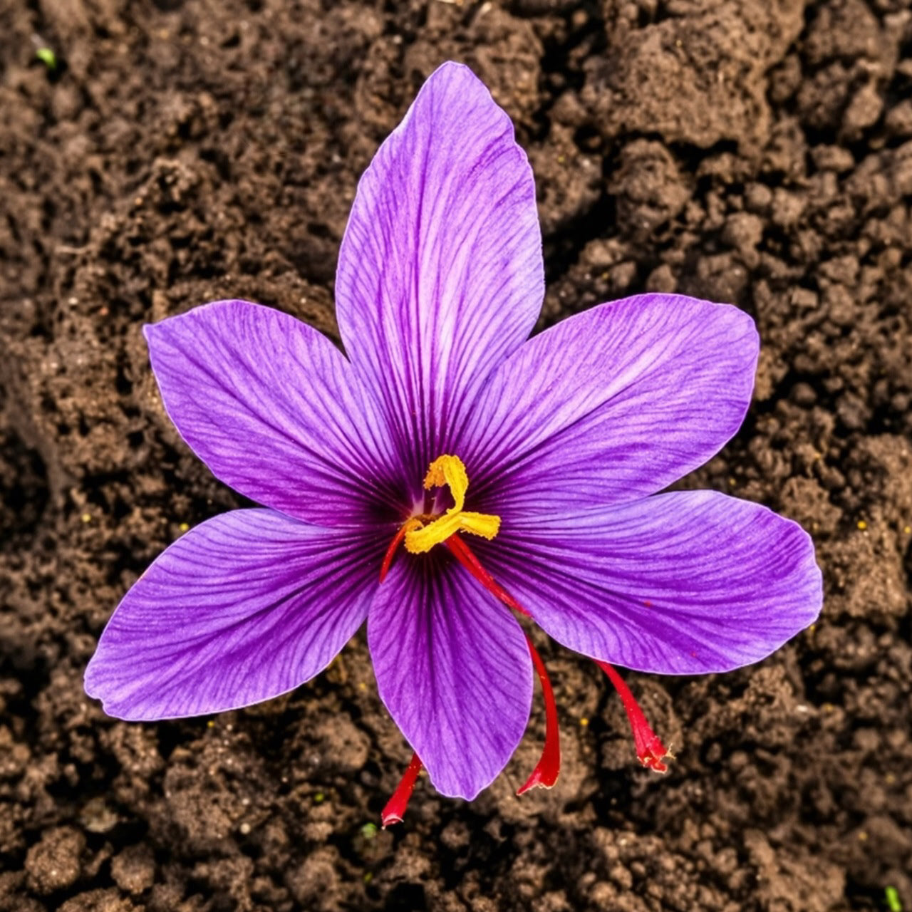 Purple saffron crocus flower grown from breeder bulbs, showing real harvest results with vivid red saffron threads